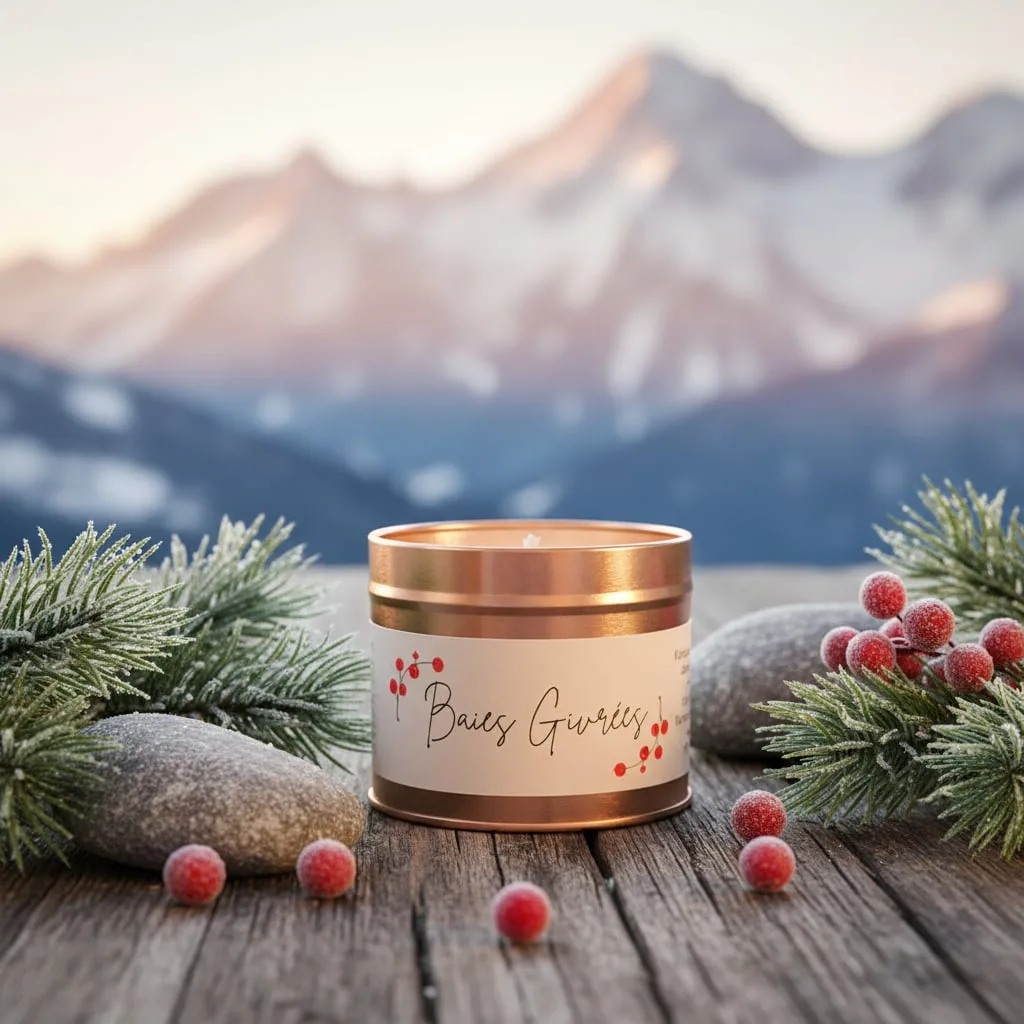 Composition hivernale, bougie au milieu de baies givrées